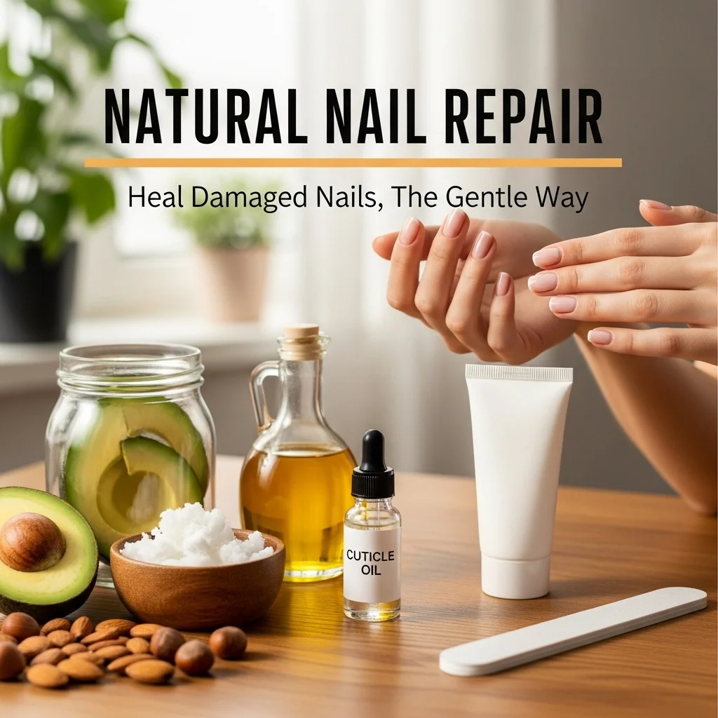 How to Heal Damaged Nails Fast: Easy Tips for Strong, Healthy Nails Natural Nail Repair setting with hands, avocado, coconut oil, cuticle oil, and nail file. Focuses on healing damaged, brittle nails.