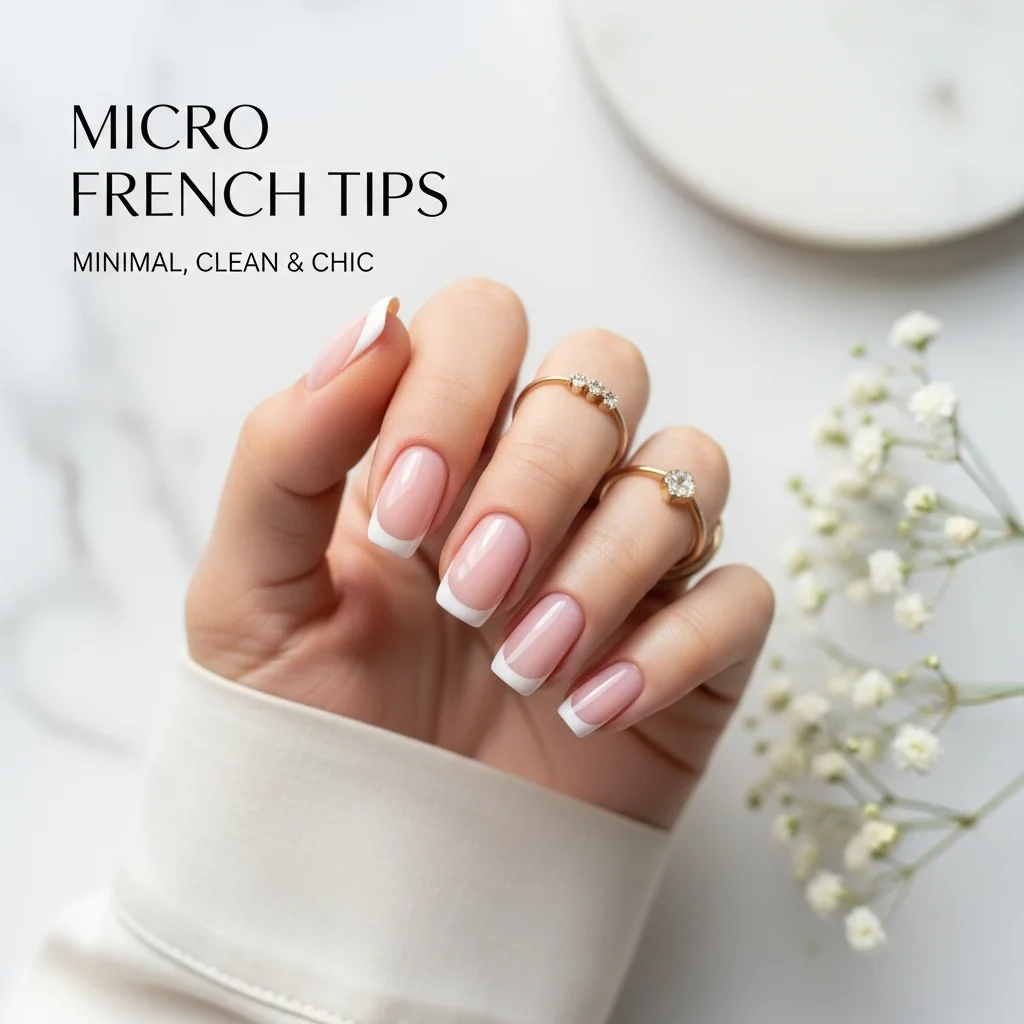 High-resolution close-up of a hand with elegant Micro French Tips (ultra-thin white line on a sheer pink base) on a white marble background, representing the clean, minimalist nail trends 2026.