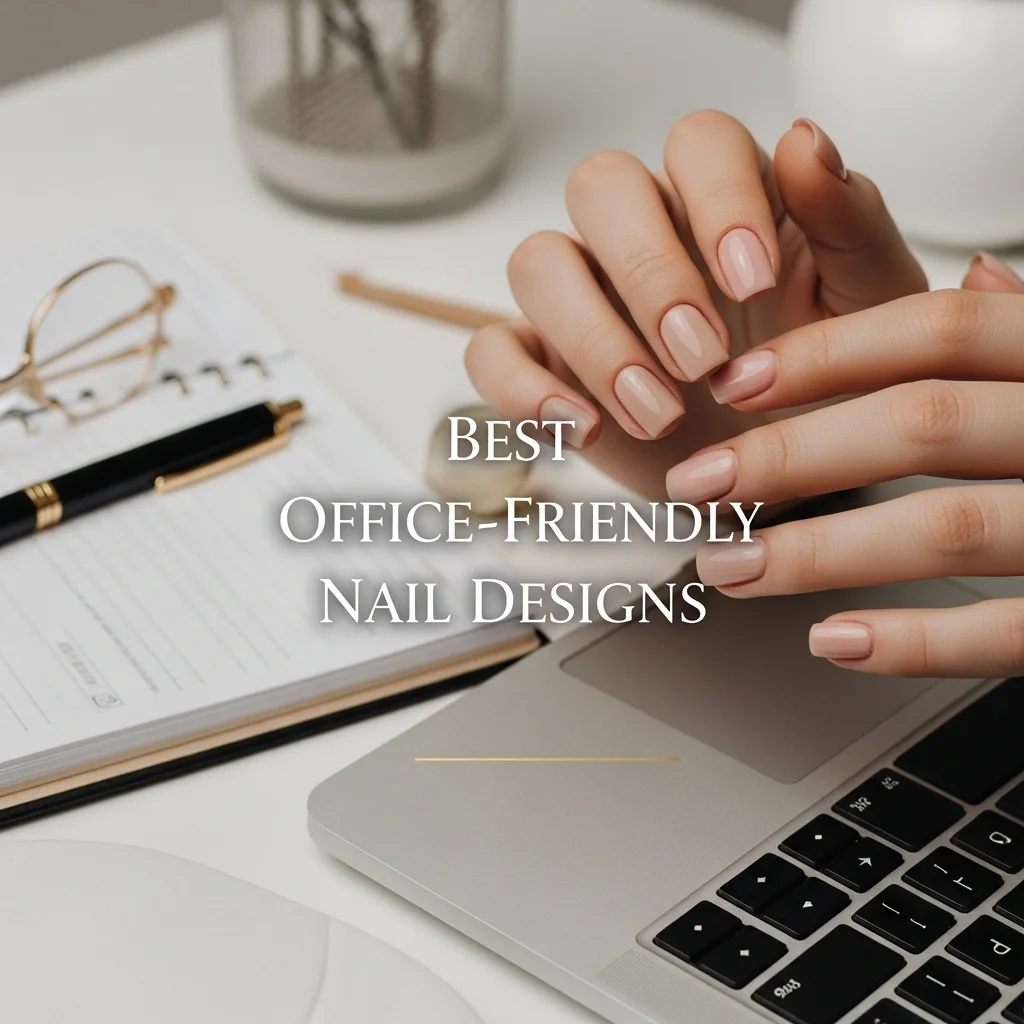 Close-up of office-friendly nude and soft pink nails on short square shapes, shown while typing on a laptop with a clean, minimal workspace background.