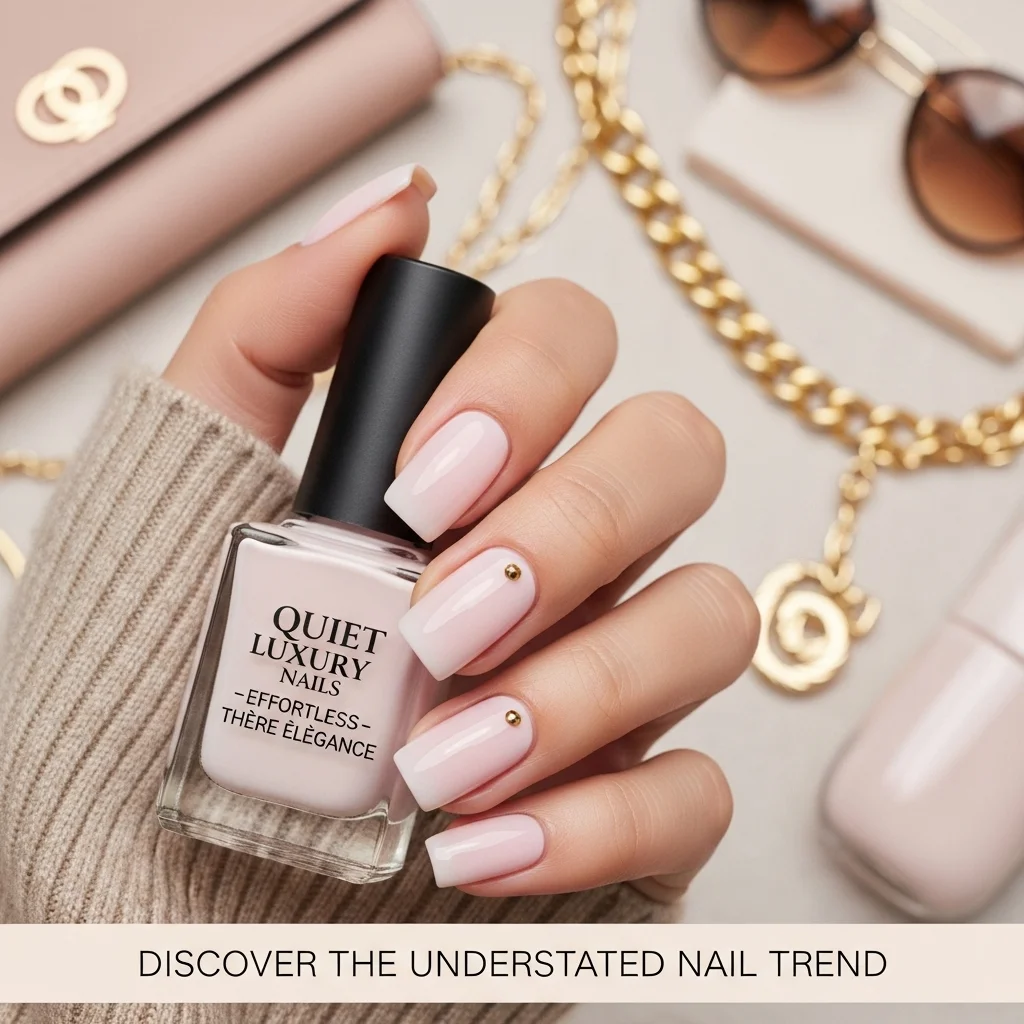Close-up of a hand with perfectly manicured milky white, quiet luxury nails holding a minimalist nail polish bottle.