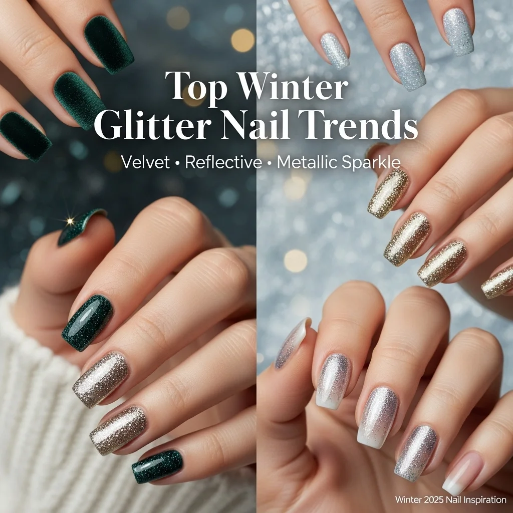 Close-up of hands with winter glitter nails featuring emerald velvet, icy silver-blue reflective glitter, gold glitter, and fine silver shimmer on almond, coffin, and short square shapes.