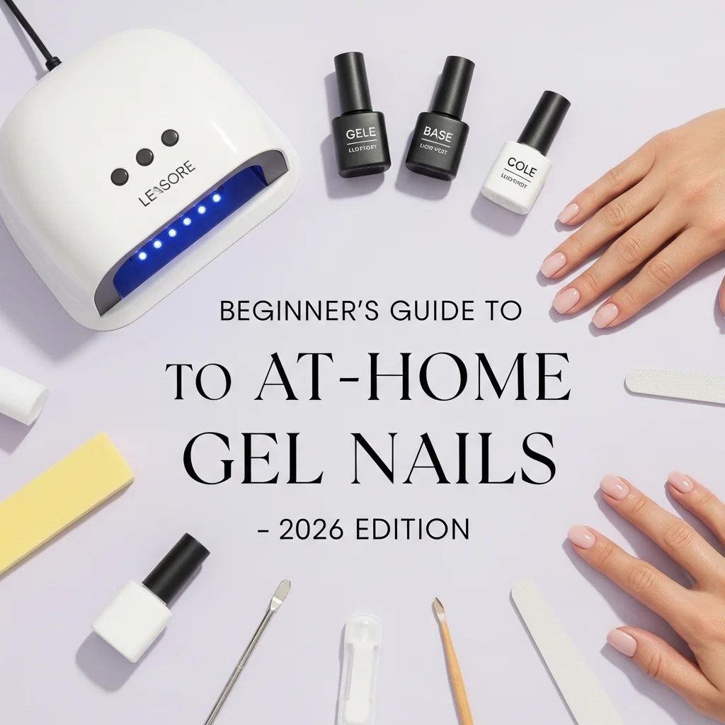 Beginners Guide to At-Home Gel Nails (2026 Edition) Flat-lay of at-home gel nail tools, UV lamp, gel polishes, nail prep tools, and a hand with glossy gel nails, styled as a 2026 beauty aesthetic.