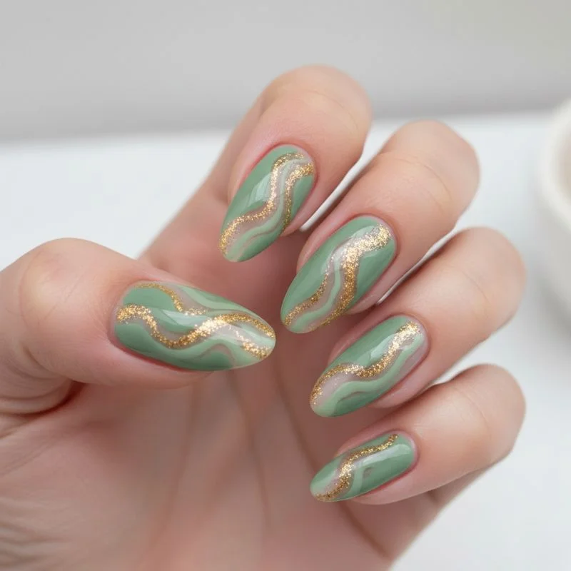 Classy St. Patrick’s Day Nails: Sage Green & Gold Foil (No Shamrocks Required) Modern nail art with a clear glossy base and abstract fluid waves of sage green polish overlapping with fine gold glitter.