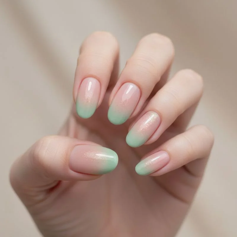Classy St. Patrick’s Day Nails: Sage Green & Gold Foil (No Shamrocks Required) Trendy aura nail design with a nude center fading into soft sage green edges and a light dusting of gold shimmer.