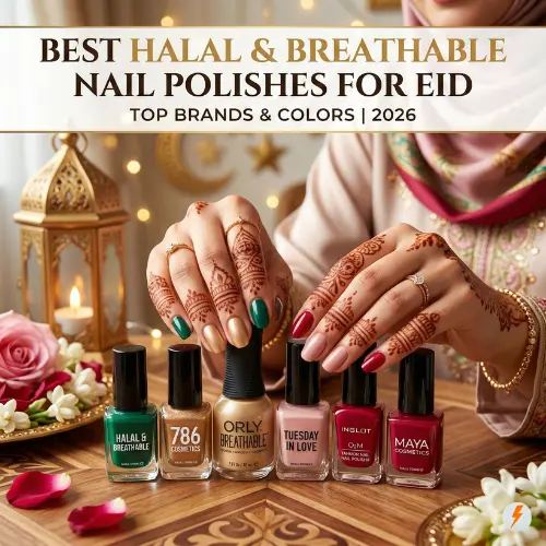 Best Halal & Breathable Nail Polishes for Eid: Top Brands & Colors for 2026 A featured image displaying a Muslim woman's henna-decorated hands next to top halal nail polish brands like 786 Cosmetics, Orly, and Tuesday in Love. The graphic includes the text "Best Halal & Breathable Nail Polishes for Eid: Top Brands & Colors | 2026" set against a festive background with an ornate lantern and flowers.